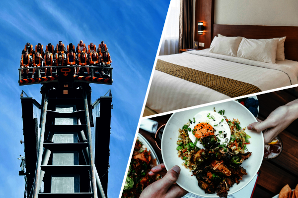 Achterbahn, Hotelzimmer mit Bett, angerichtetes Essen