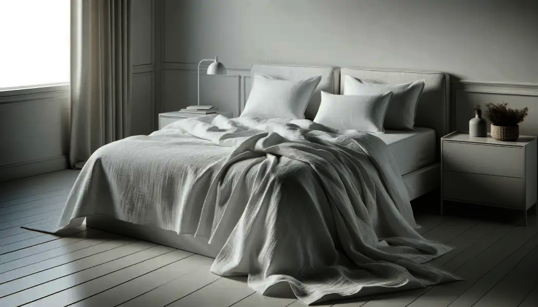 Schlafzimmer in Weiß eingerichtet. Weißer Boden, Wände, Nachtisch, Nachtisch Lampe, Kissen Decke, Vorhänge. 
